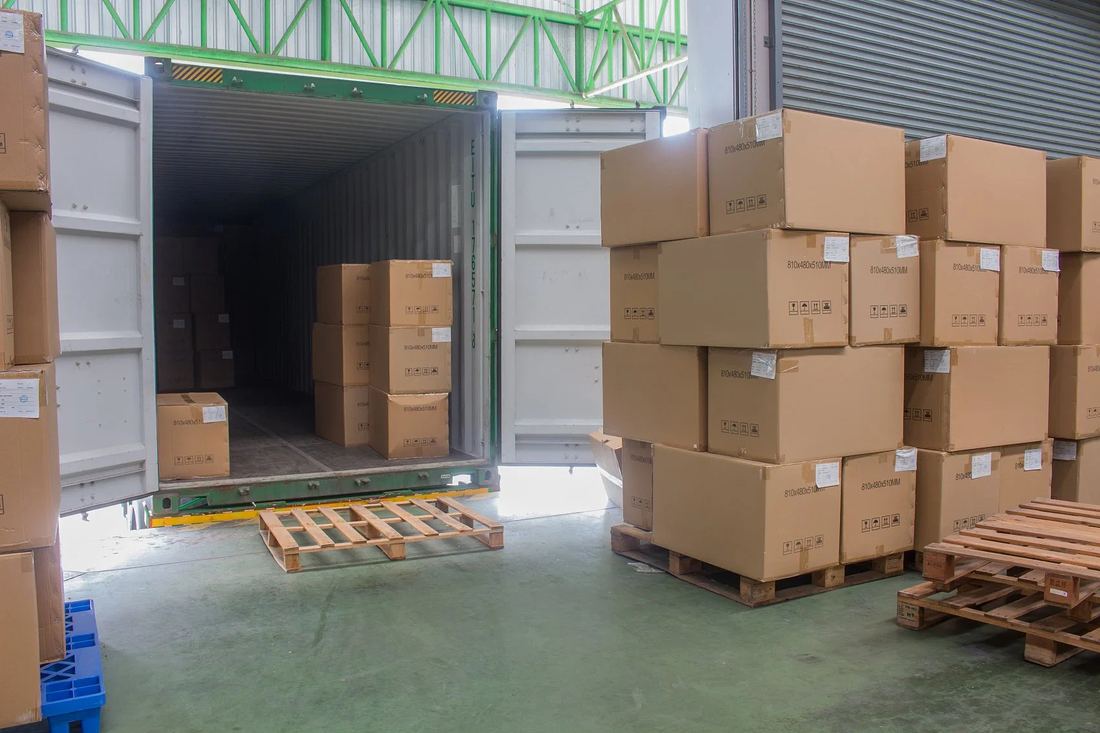 Solar modules stacked inside SINCORE warehouse